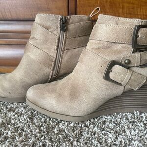 Tan Suede Wedge Ankle Boots with Buckle Accent
